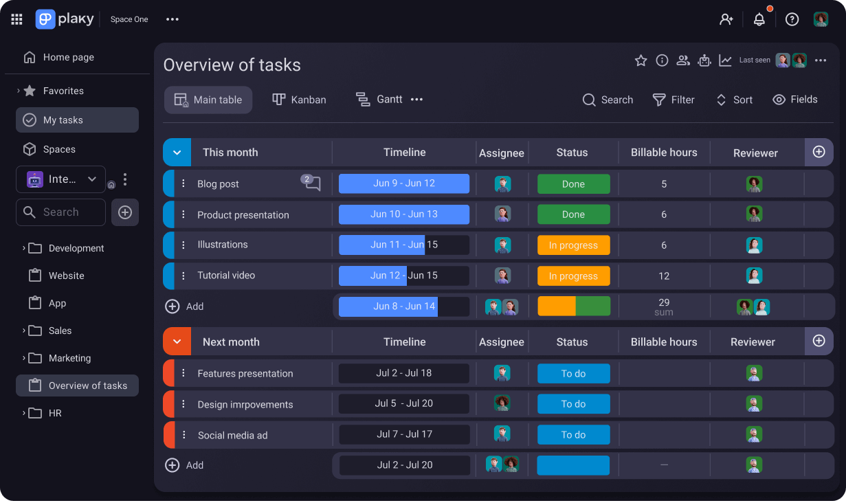Plaky project and task management screenshot